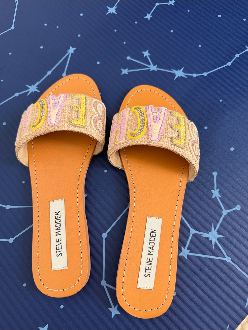 Steve Madden Orange Slide Sandals with Pastel Embroidered Strap